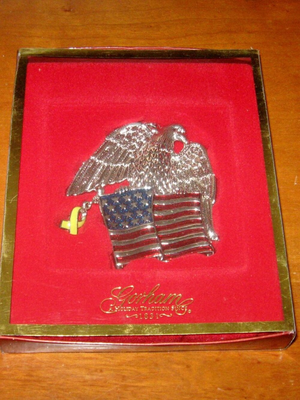 Gorham Silvertone American Bald Eagle Flag Patriotic Christmas Ornament 4" x 2"